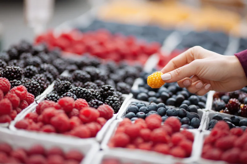 Hand picking a golden raspberry from a display of assorted berries at a market stall