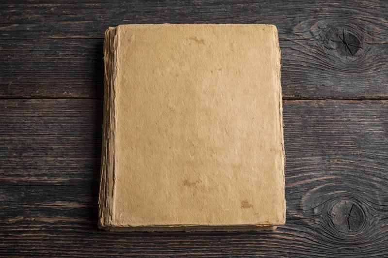 Worn antique book lying face-up on dark weathered wooden surface