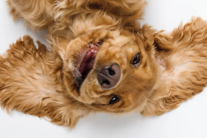 Young english cocker spaniel puppy lying on its back with tongue out, viewed from above on white background