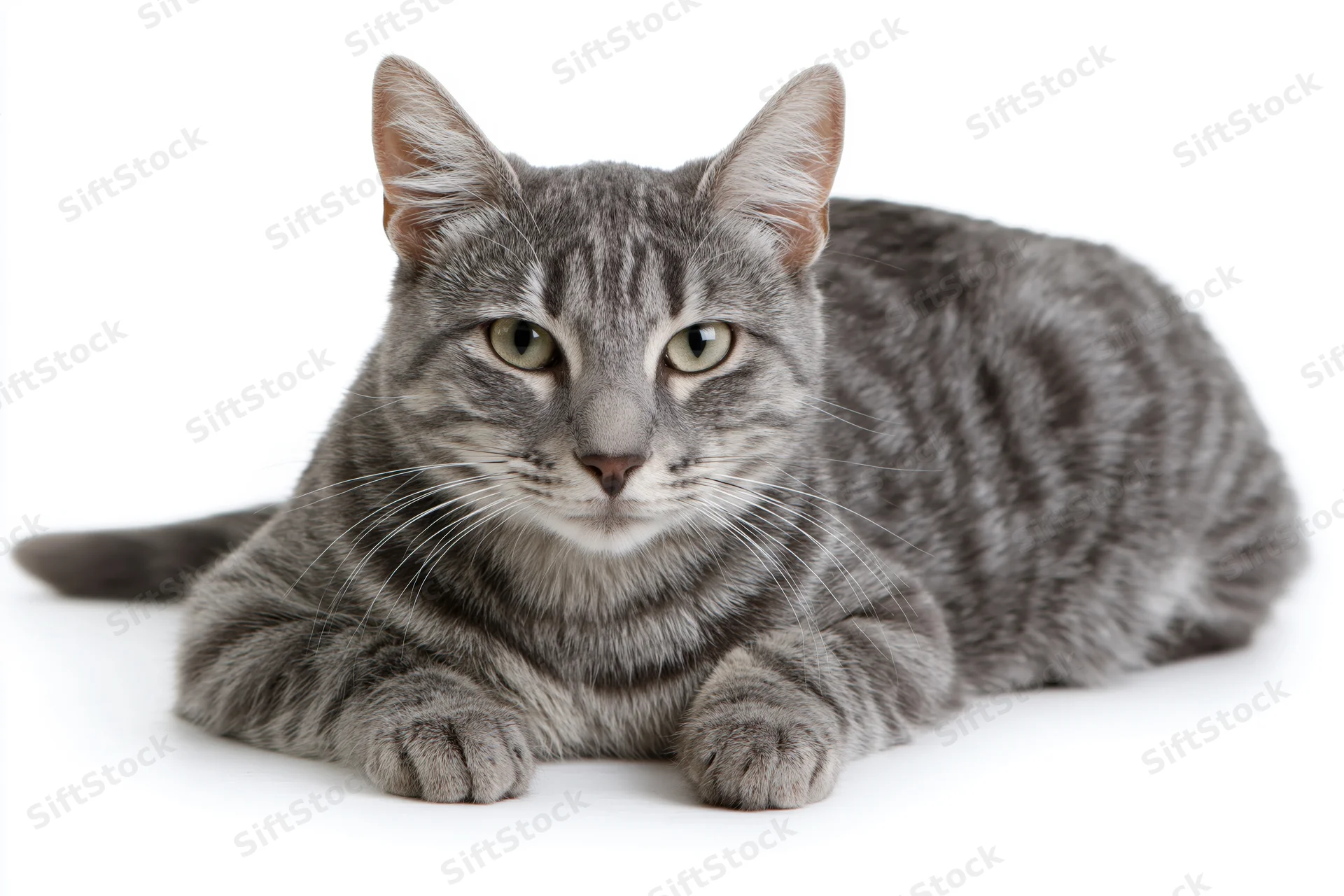 Young grey tabby cat lying down with front paws stretched on white background