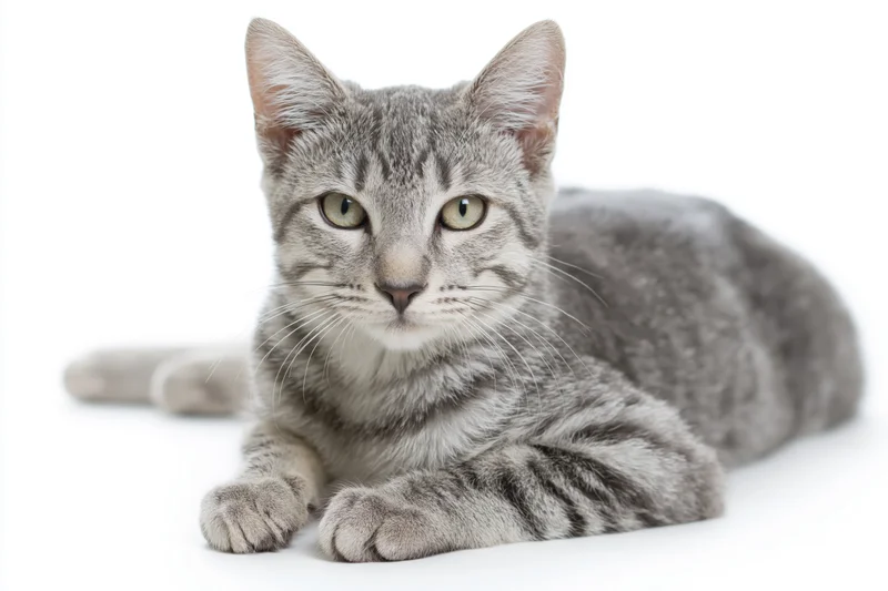 Young grey tabby cat lying down with front paws stretched on white background