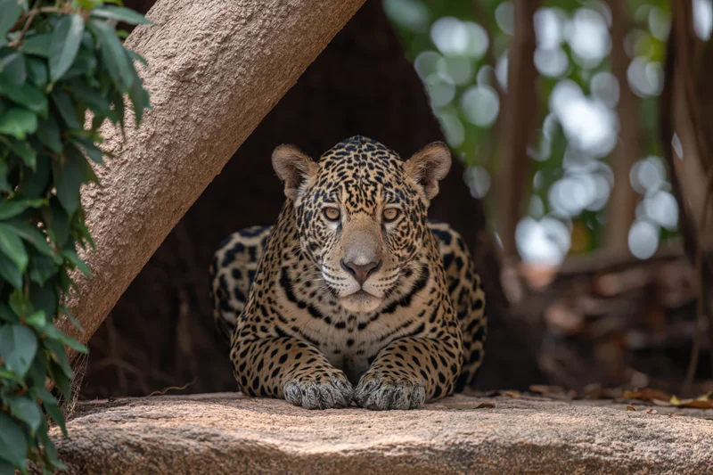 Jaguar lying on a flat sandstone rock under a tree trunk, staring forward with alert eyes