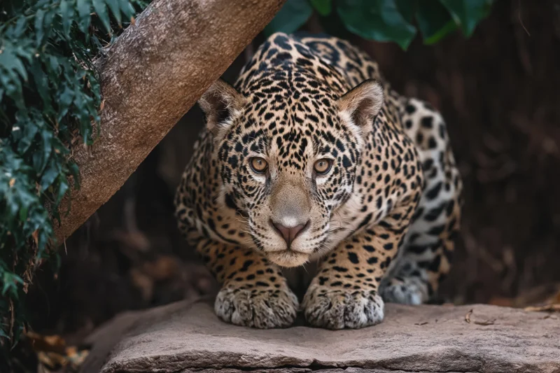 Young jaguar crouching low on a flat sandstone rock staring directly at camera in jungle setting