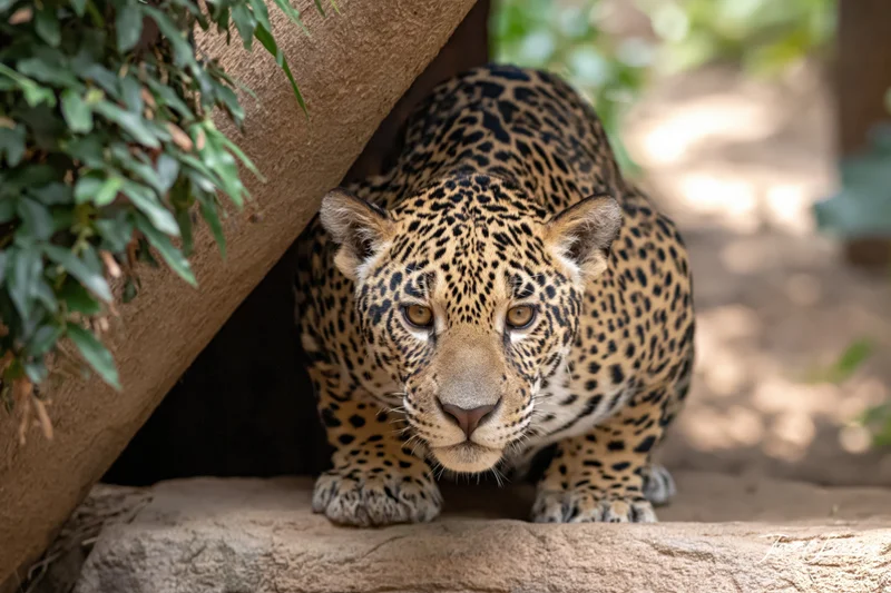 Young jaguar crouching low on a sandstone rock staring intently in a shaded outdoor enclosure