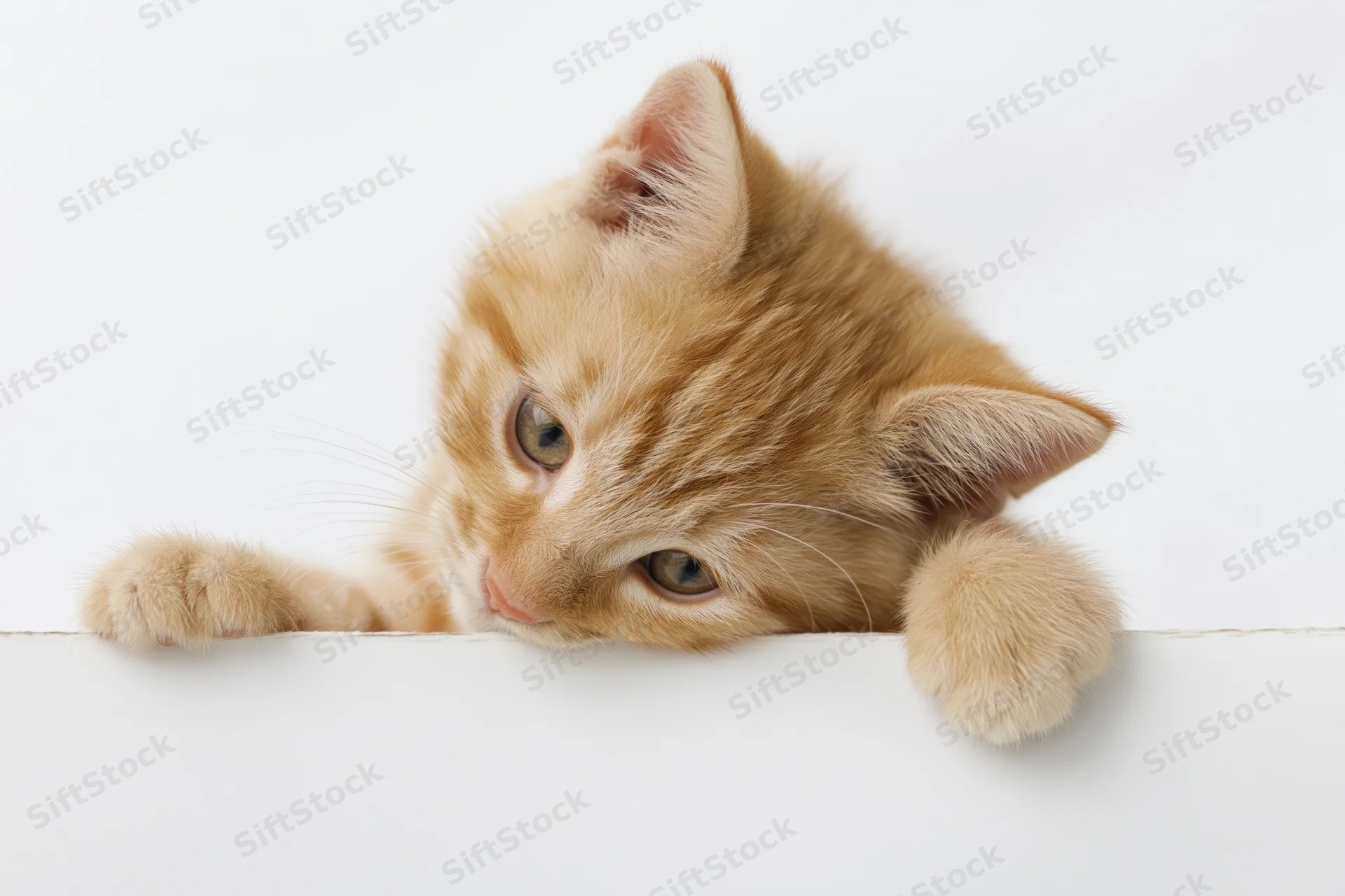 Young orange tabby kitten peeking over white edge with paws resting on surface