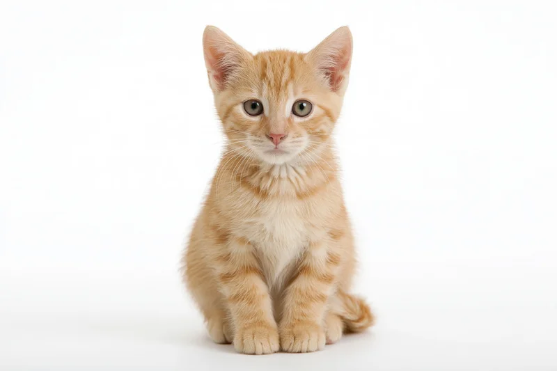 Young orange tabby kitten sitting upright facing the camera on white background