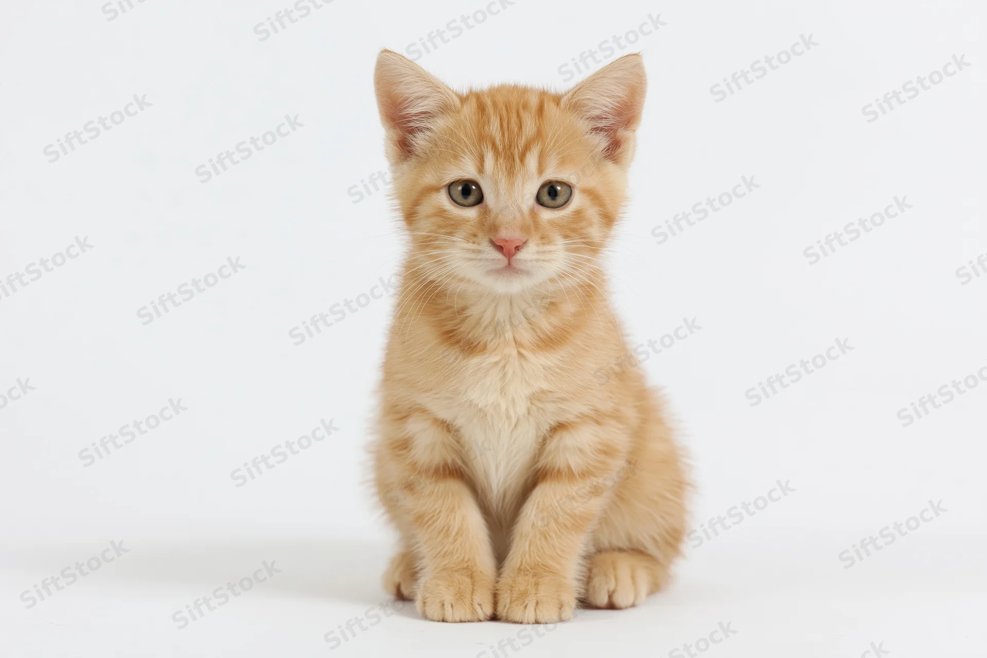 Young orange tabby kitten sitting upright facing the camera on white background