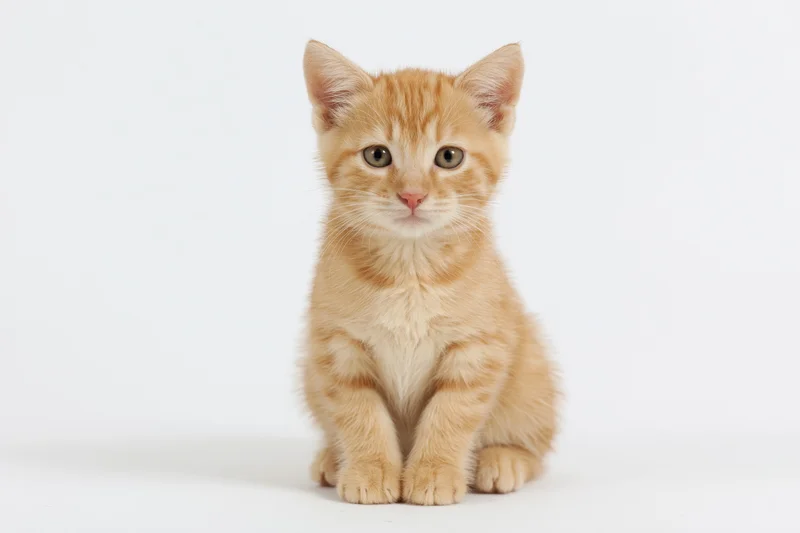 Young orange tabby kitten sitting upright facing the camera on white background