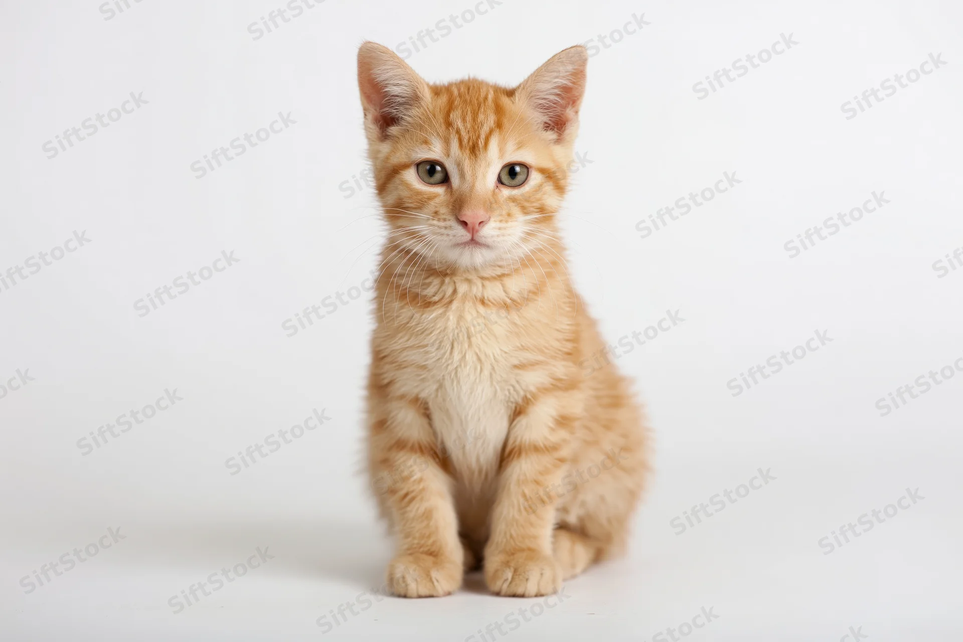 Young orange tabby kitten sitting upright and facing the camera on a white background