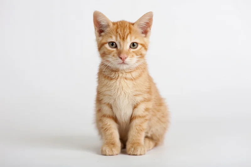 Young orange tabby kitten sitting upright and facing the camera on a white background
