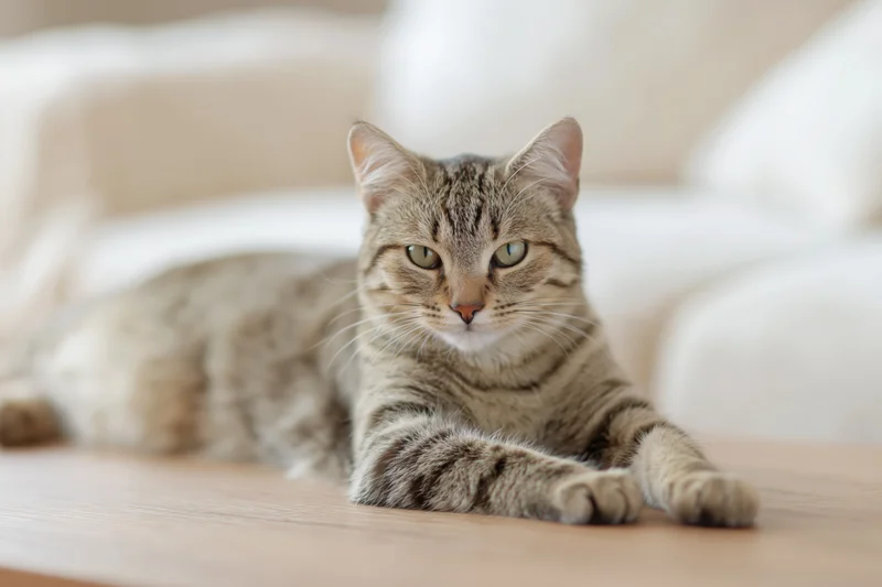 Young tabby cat lying relaxed on light wood coffee table in living room