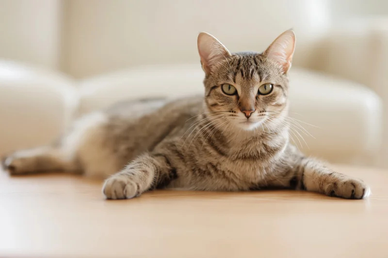 Tabby cat lying relaxed on light wood coffee table in living room