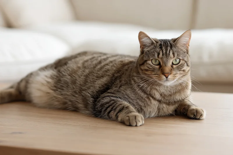 Tabby cat lying relaxed on light wood coffee table in living room
