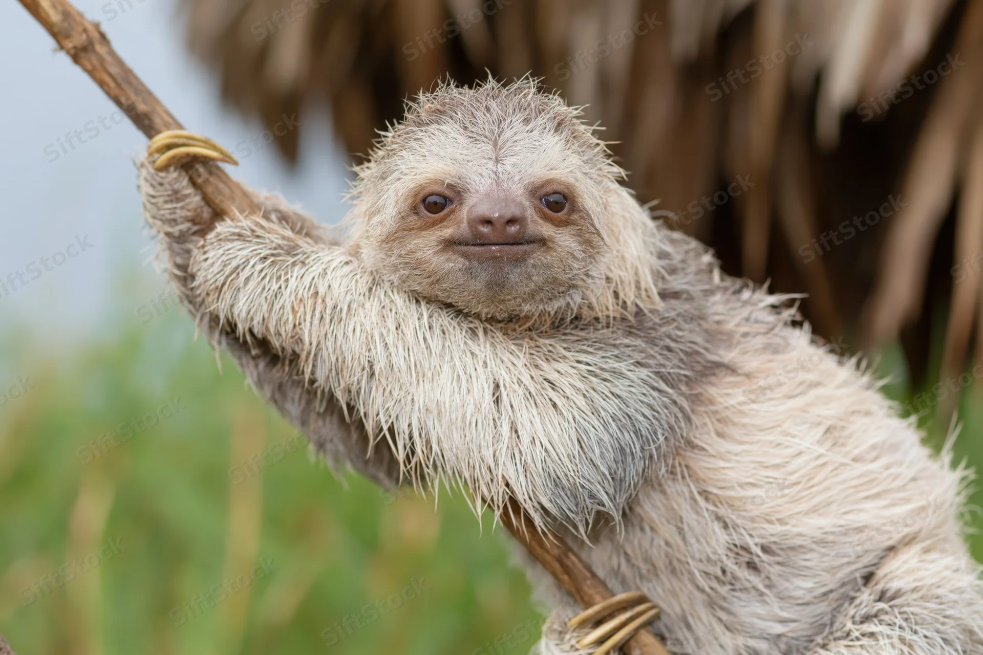 Young three-toed sloth clinging to a thin diagonal branch in a lush green forest setting