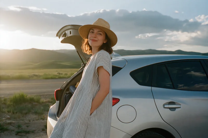 Woman in straw hat and striped dress leaning against open trunk of silver car on rural road at sunset