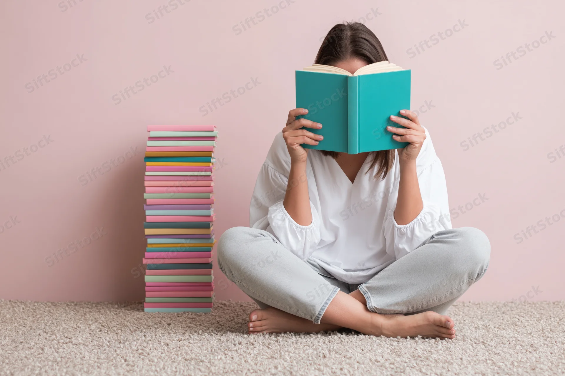 Young woman sitting cross-legged on carpet reading a book with a stack of books beside her