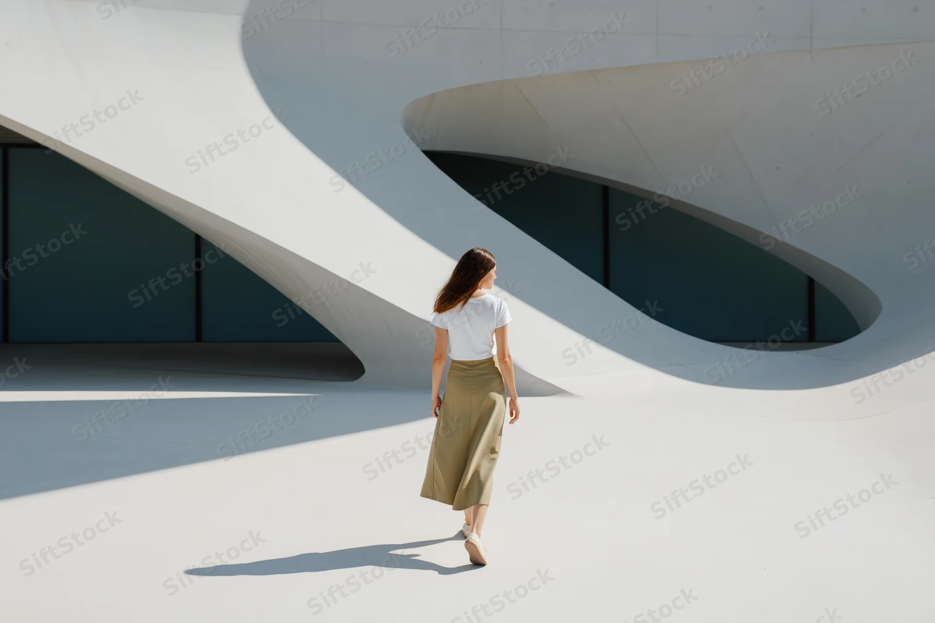 Woman walking away from camera through dramatic curved white architectural structure in daylight