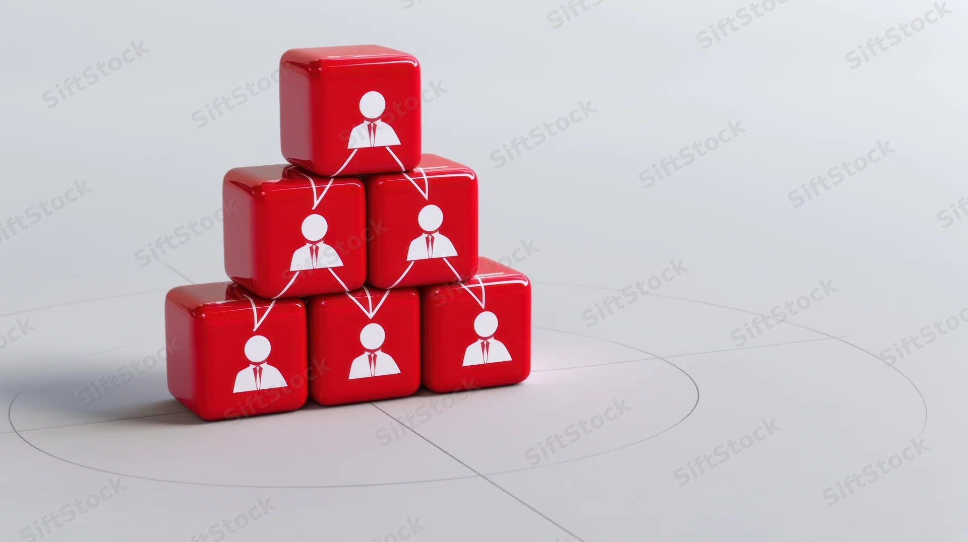 Pyramid of red glossy cubes with white businessperson icons connected by lines on a white surface