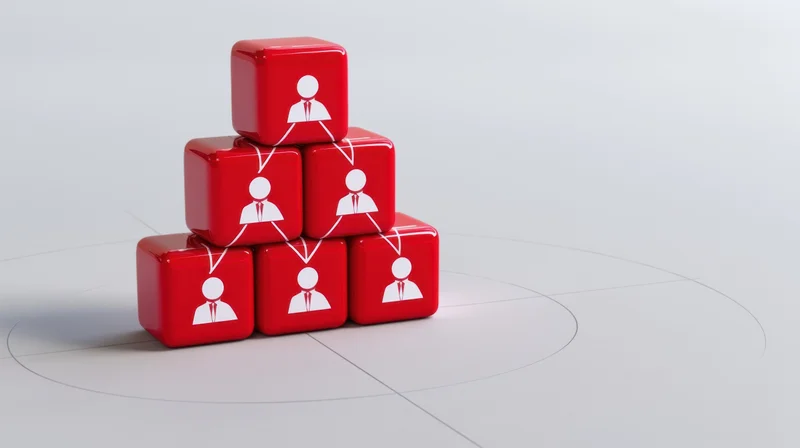 Pyramid of red glossy cubes with white businessperson icons connected by lines on a white surface