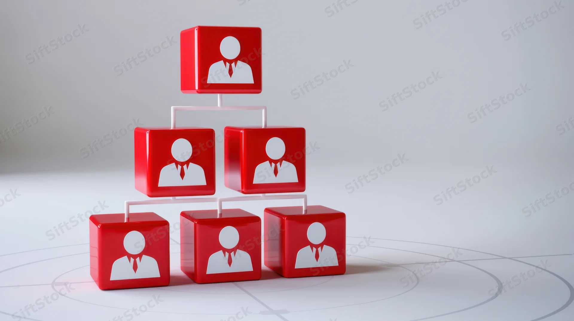 Pyramid of red glossy cubes with white businessperson icons arranged in hierarchical structure on white surface