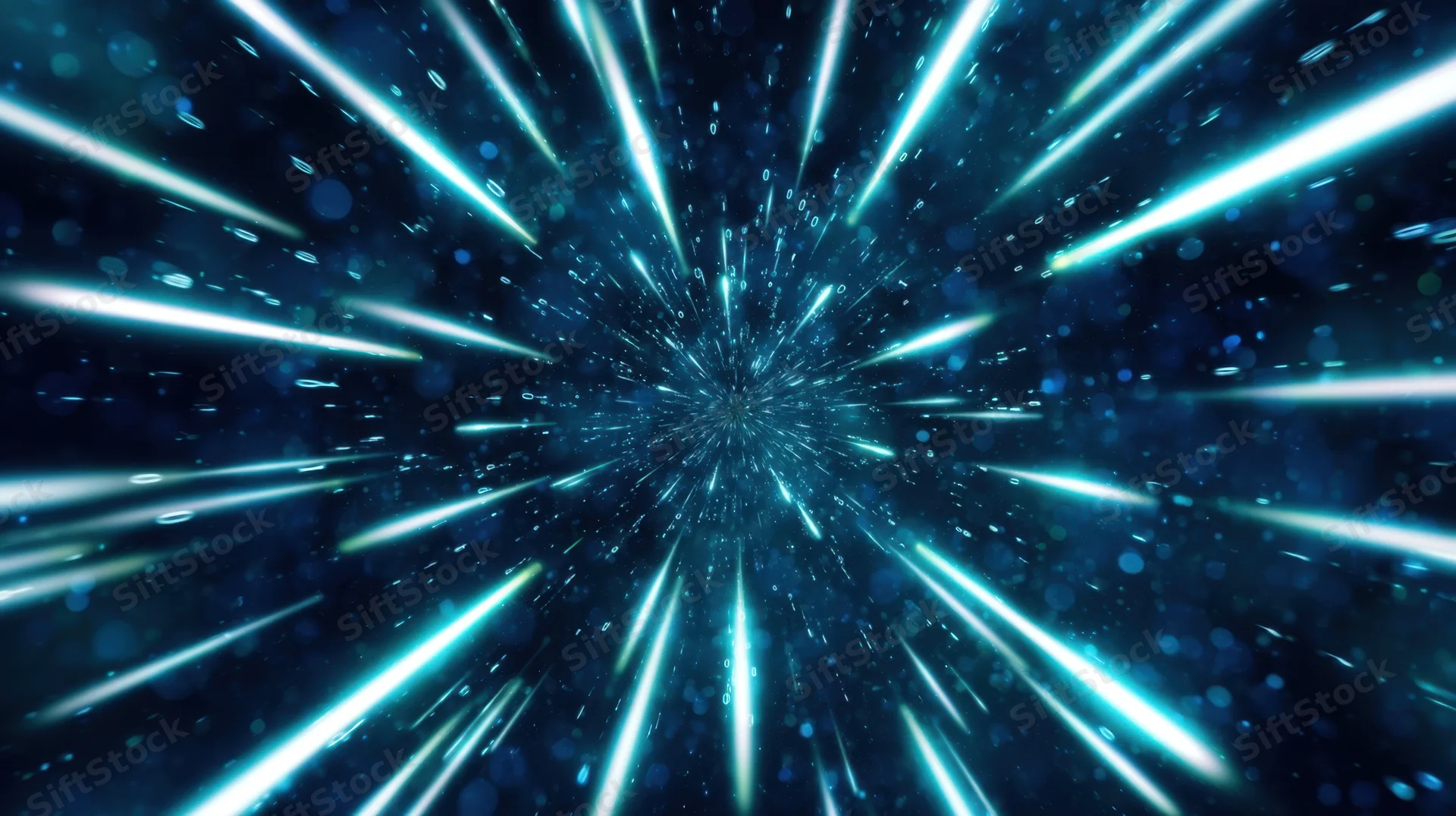 Glowing light beams radiating from center in dark blue digital tunnel