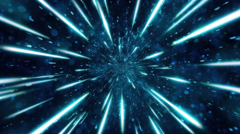 Glowing light beams radiating from center in dark blue digital tunnel