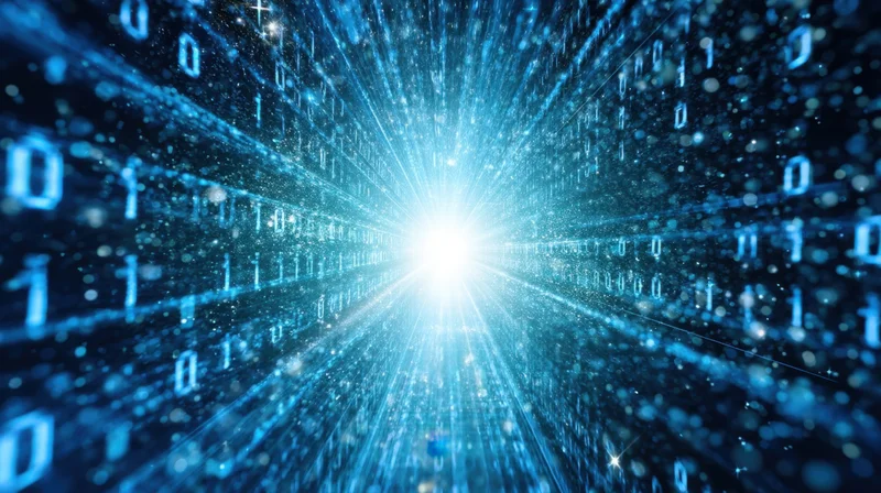 Glowing digital tunnel of binary code flowing toward a bright light in deep blue space