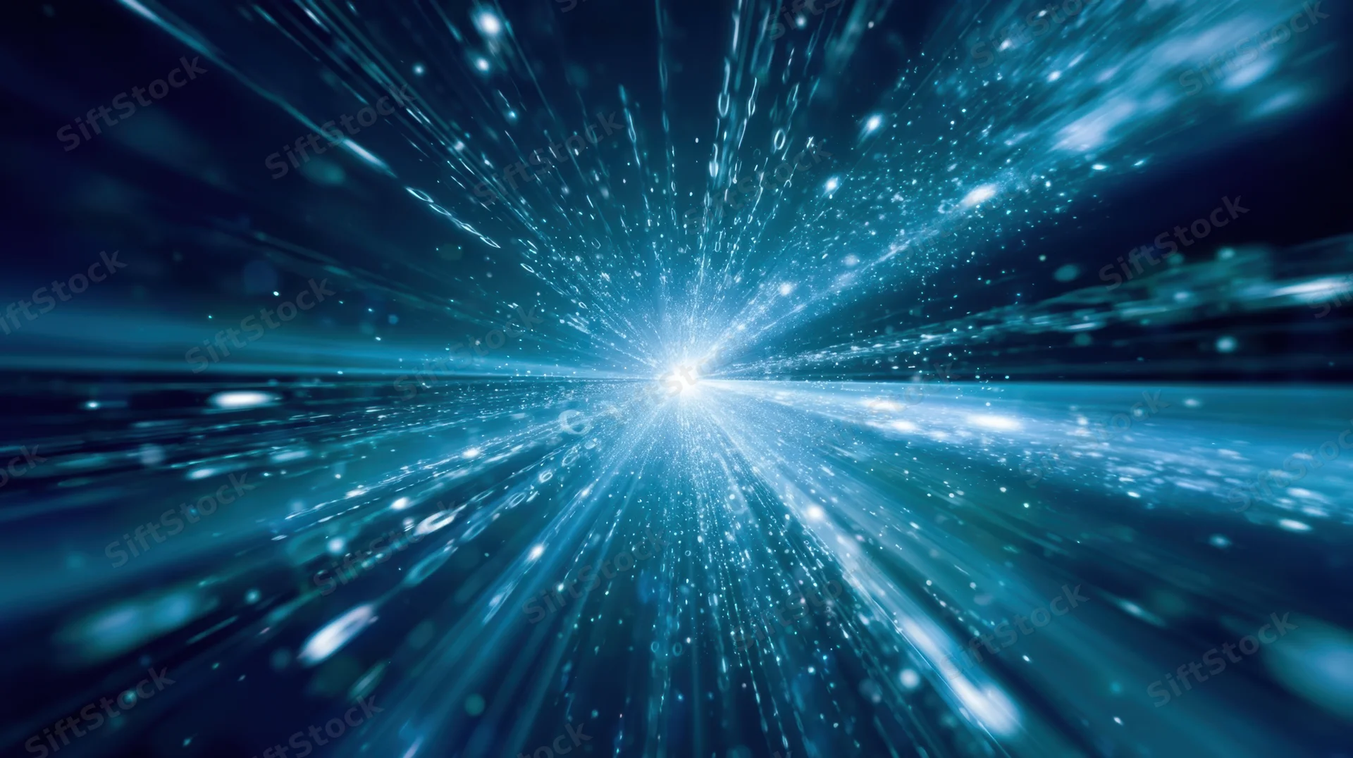 Glowing light burst radiating from center in dark blue digital tunnel