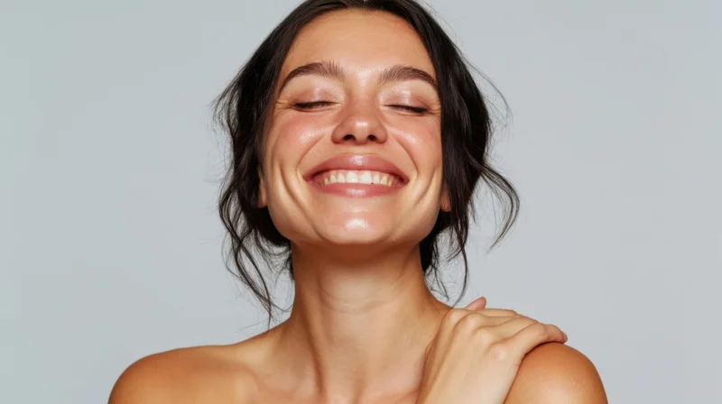 Woman smiling with eyes closed, hand on shoulder, against light gray background