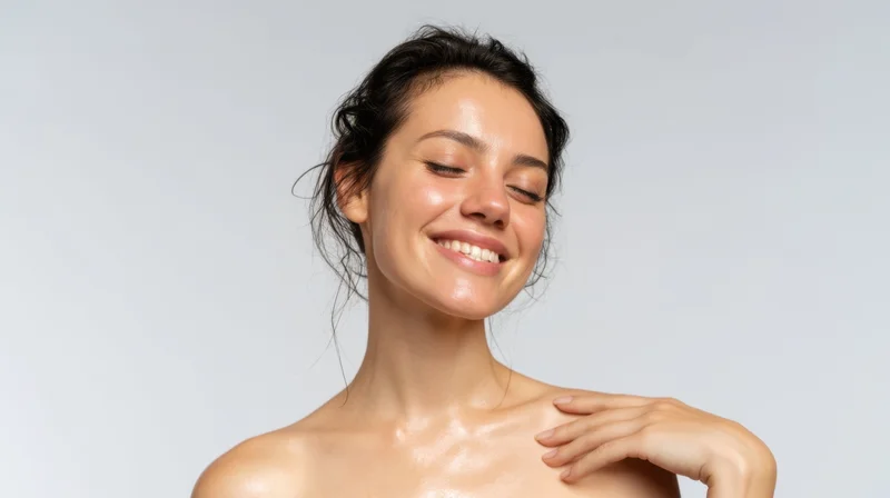 Woman smiling with glowing skin touching her shoulder in studio setting