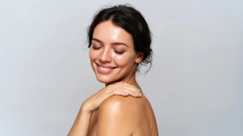Smiling brunette woman touching her shoulder in a studio portrait