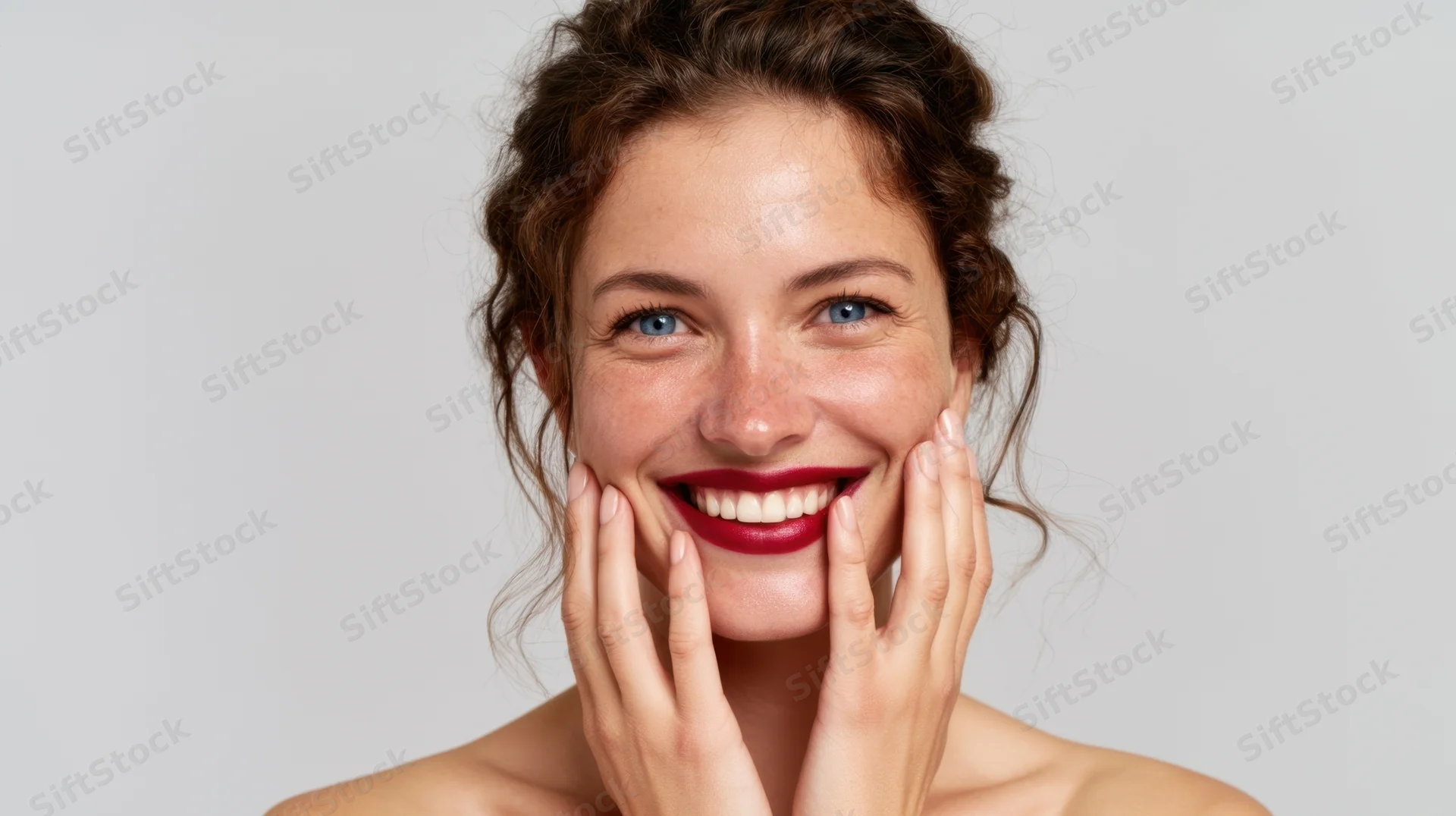 Woman smiling with hands on cheeks in studio portrait