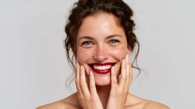 Woman smiling with hands on cheeks in studio portrait