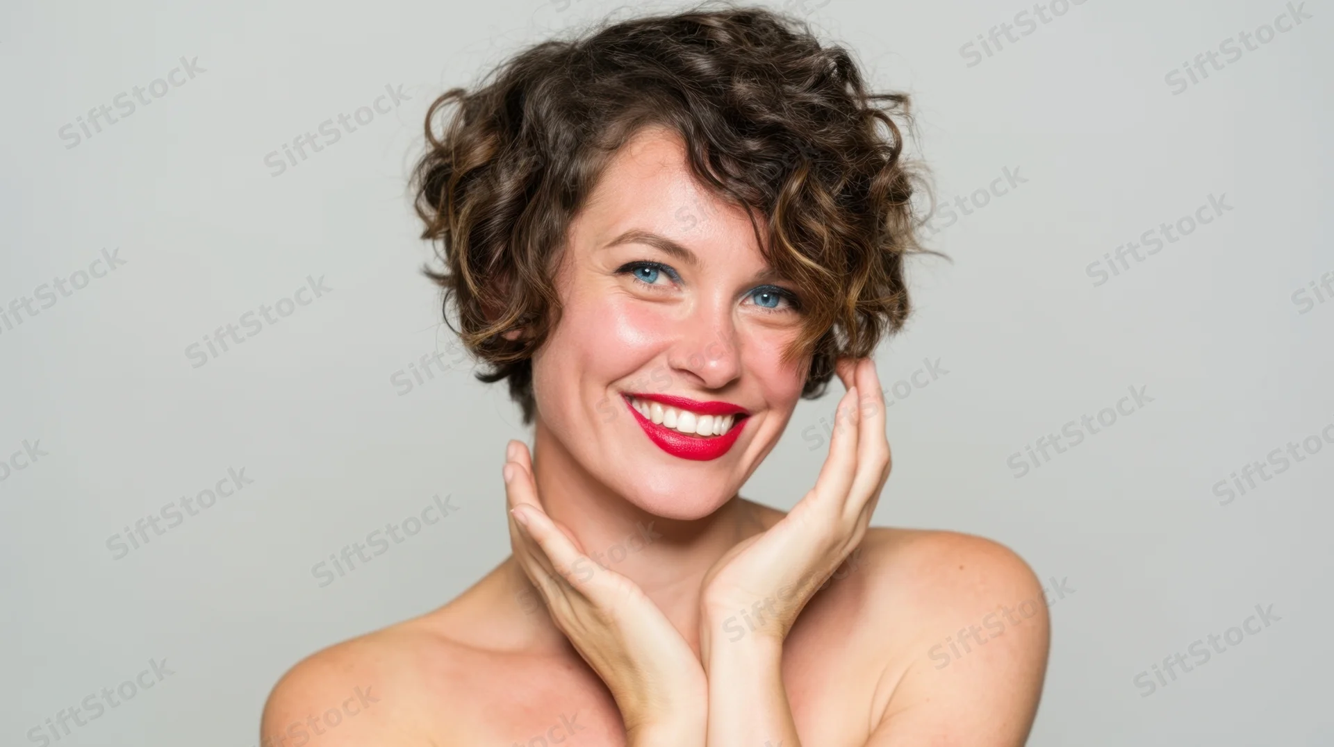 Young woman smiling with hands on neck, short curly brown hair, studio portrait