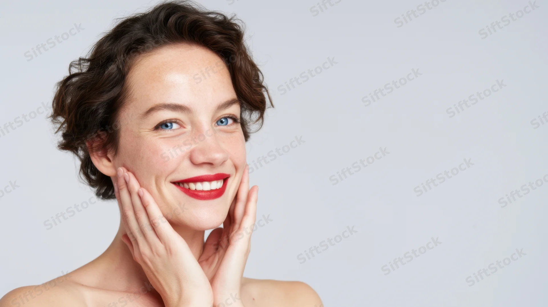 Young woman smiling with hands on her face in studio setting