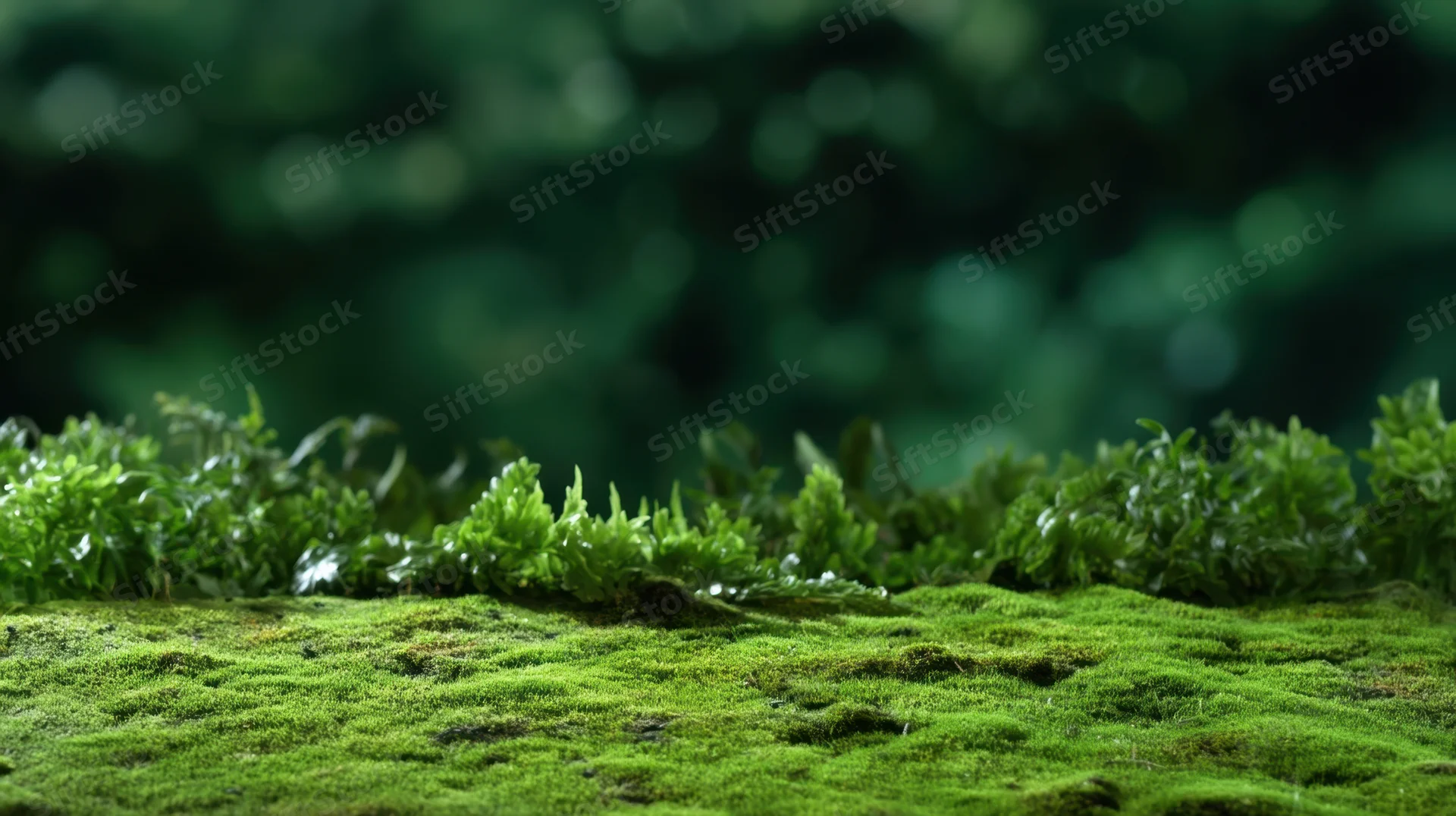 Closeup of lush green moss covering a forest ground surface
