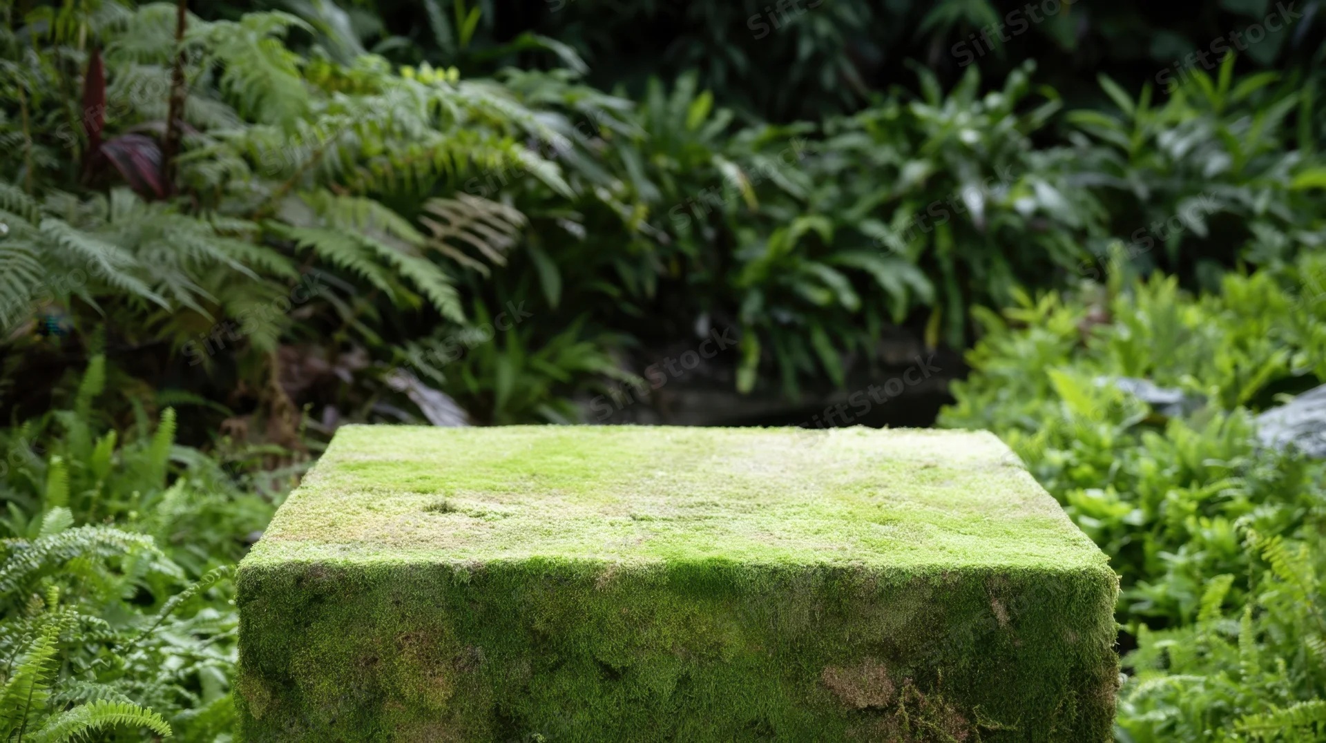 Moss-covered stone block in a lush green garden surrounded by ferns and dense foliage