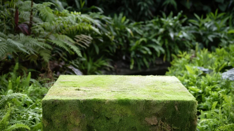 Moss-covered stone block in a lush green garden surrounded by ferns and dense foliage