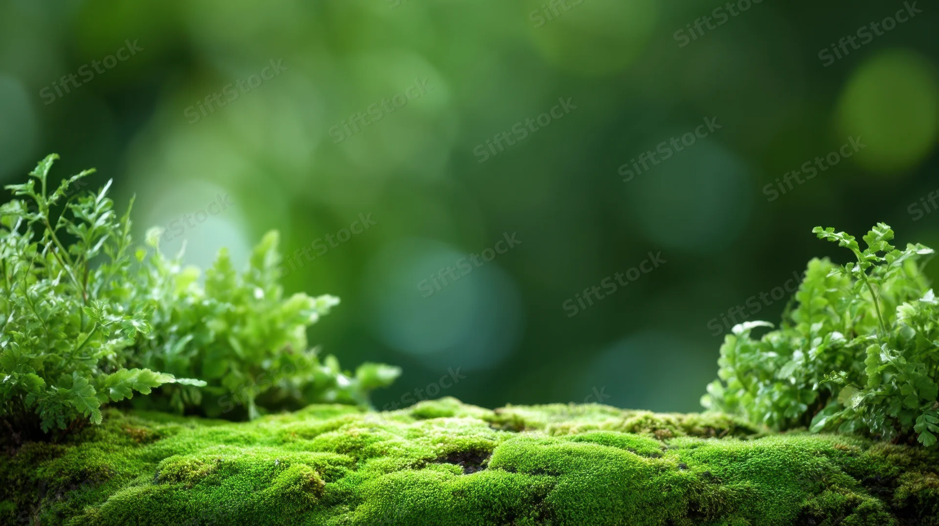 Close-up of lush green moss with ferns growing on a surface in a forest setting