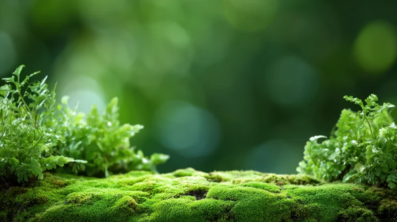 Close-up of lush green moss with ferns growing on a surface in a forest setting