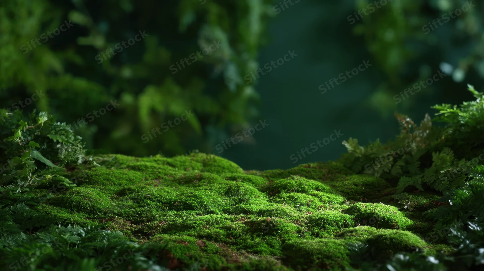 Close-up of lush green moss covering a forest floor surrounded by ferns and foliage