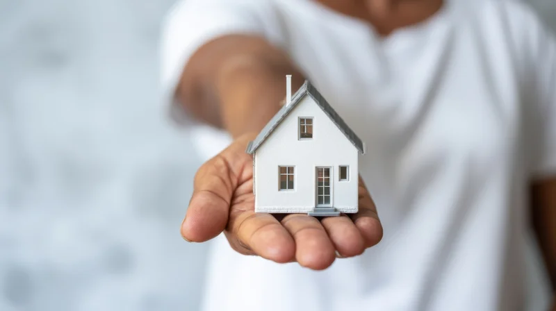Person holding small white house model in open hand