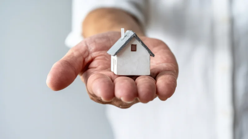 Hand holding a miniature house model against a light background