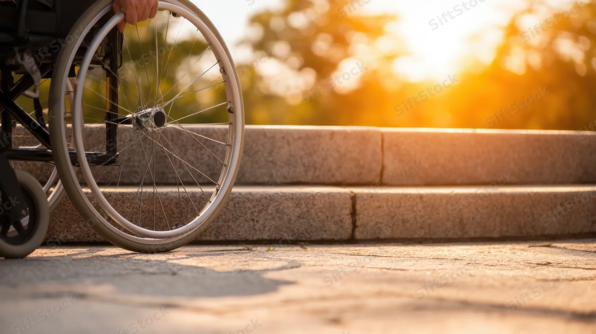 Wheelchair wheel at base of stone steps on pavement in sunlight