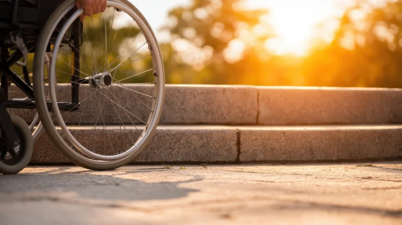 Wheelchair wheel at base of stone steps on pavement in sunlight