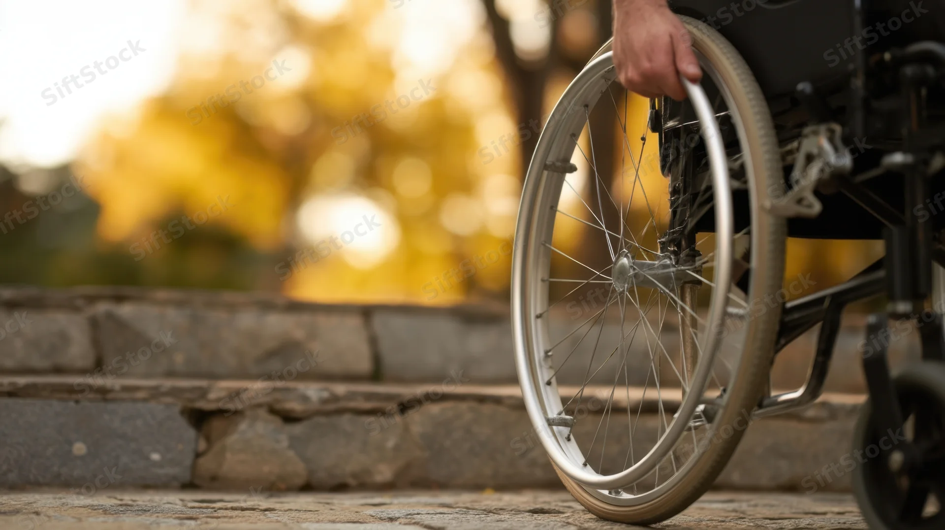 Close-up of wheelchair wheel on stone pavement in autumn park