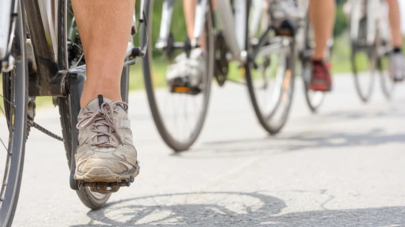 Close-up of cycling shoes clipped into pedals on a paved road with a group of riders in motion