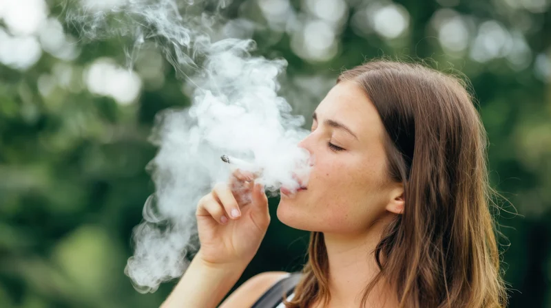 Woman in side profile smoking a cigarette outdoors with smoke rising against blurred green foliage
