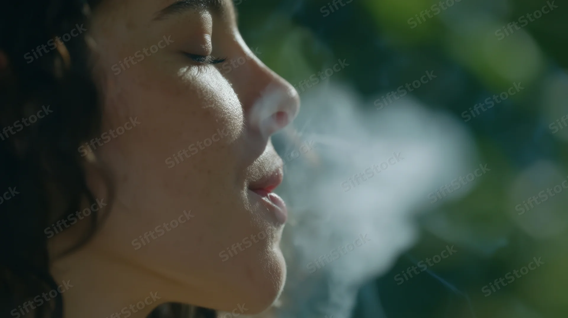 Close-up side profile of a woman smoking a cigarette with eyes closed outdoors