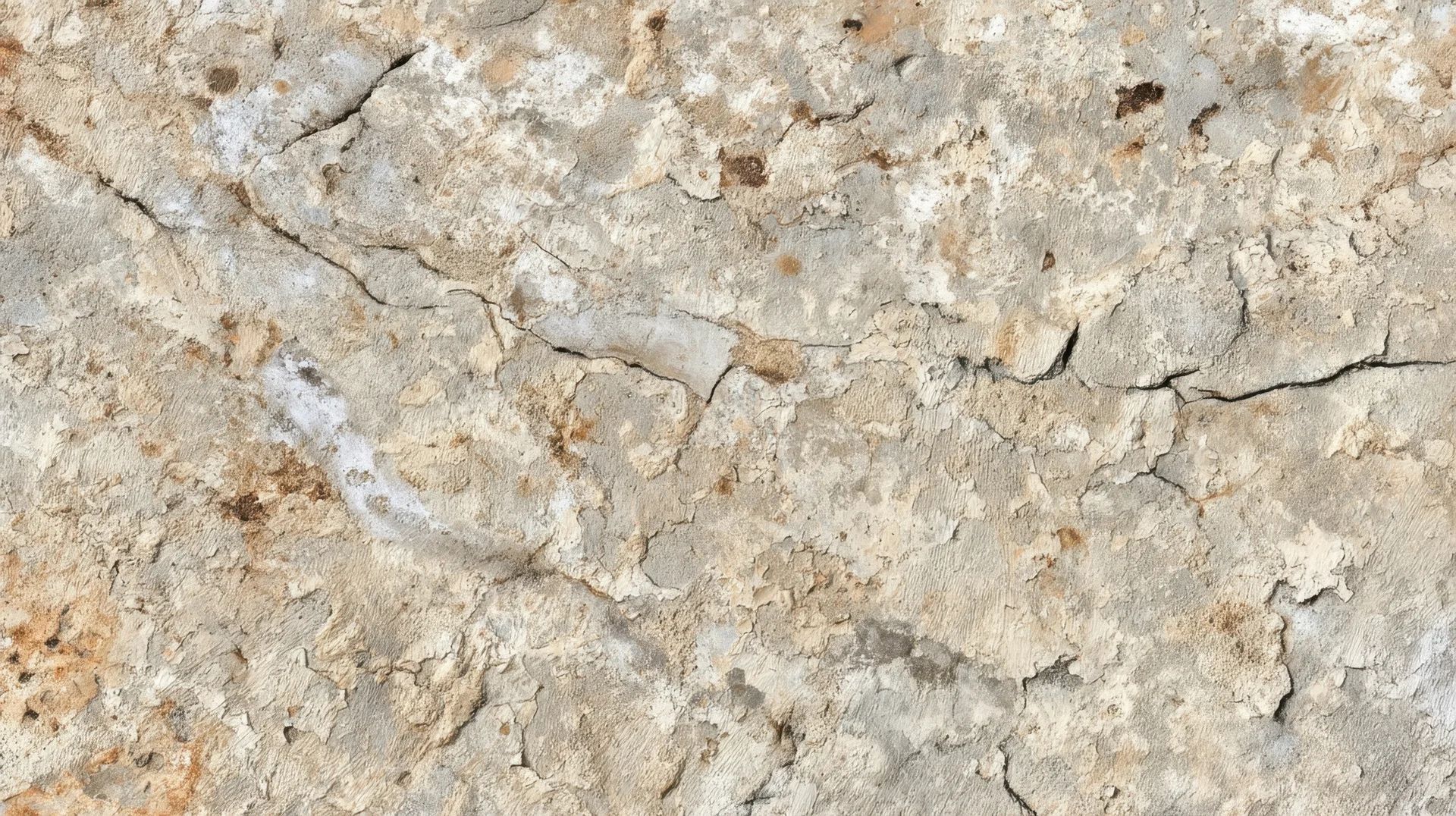 Close-up of a weathered concrete wall with cracks and peeling surface